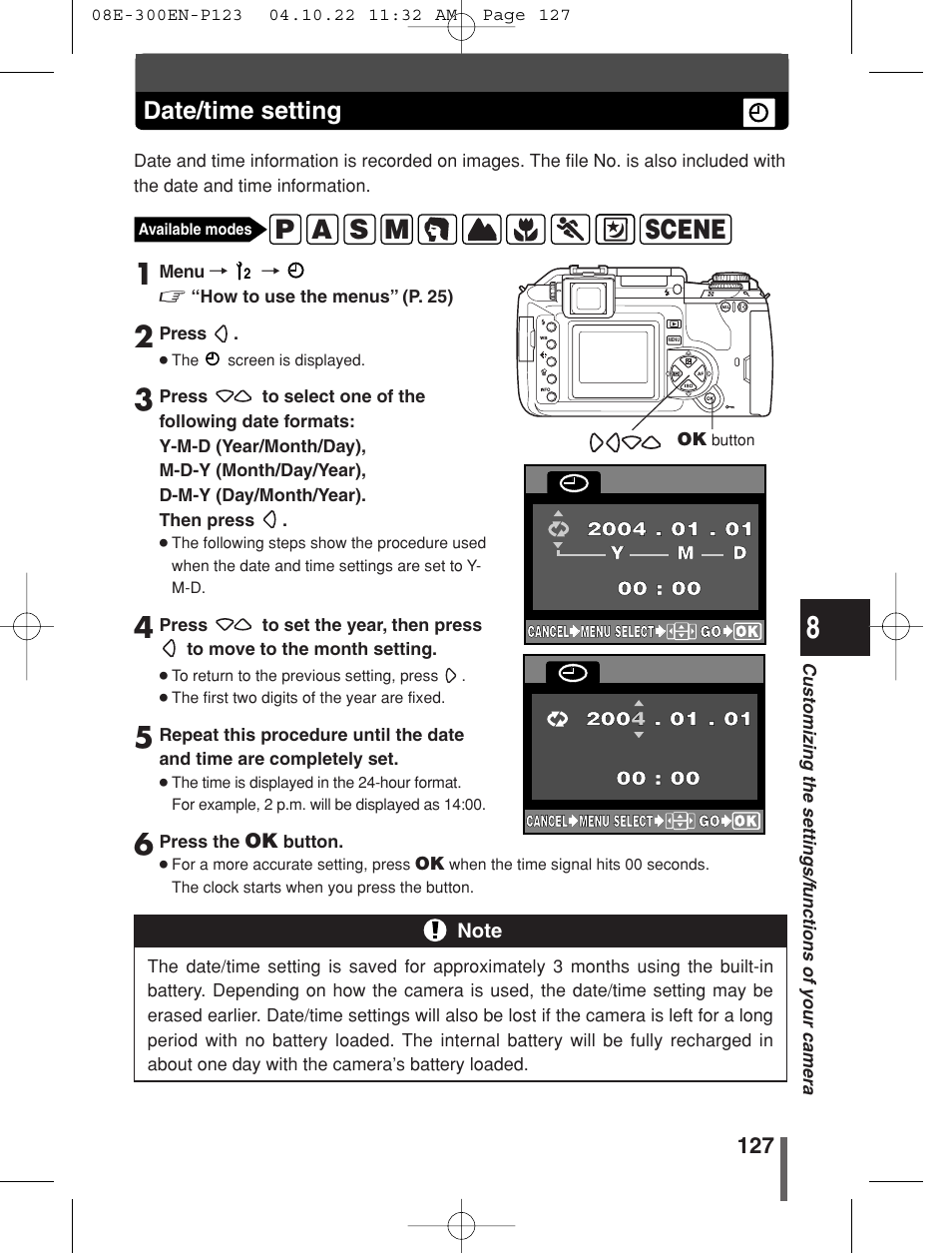 Date/time setting | Olympus EVOLT E-300 User Manual | Page 127 / 212