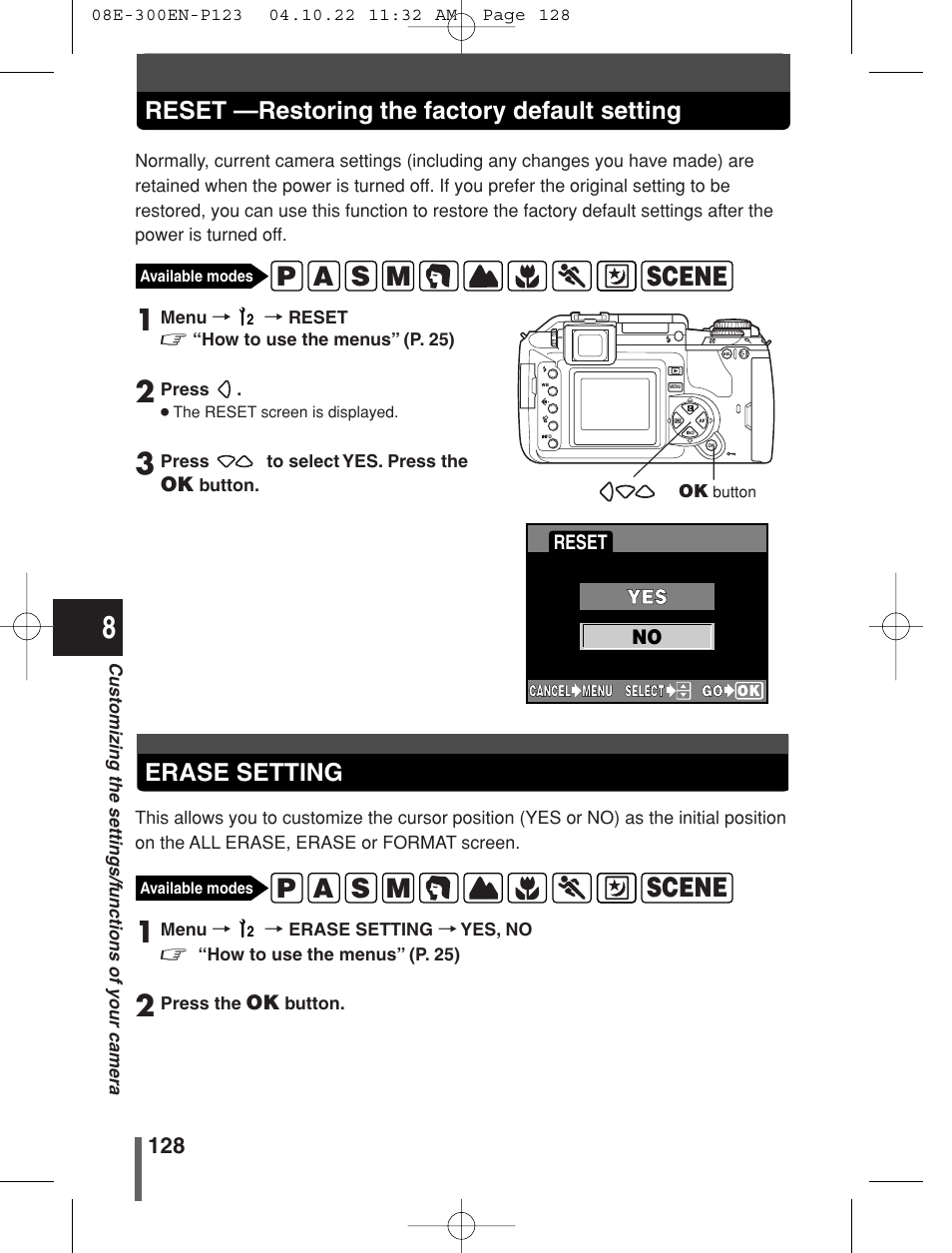 Reset —restoring the factory default setting, Erase setting | Olympus EVOLT E-300 User Manual | Page 128 / 212