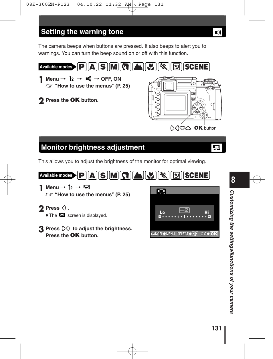 Monitor brightness adjustment, Setting the warning tone | Olympus EVOLT E-300 User Manual | Page 131 / 212