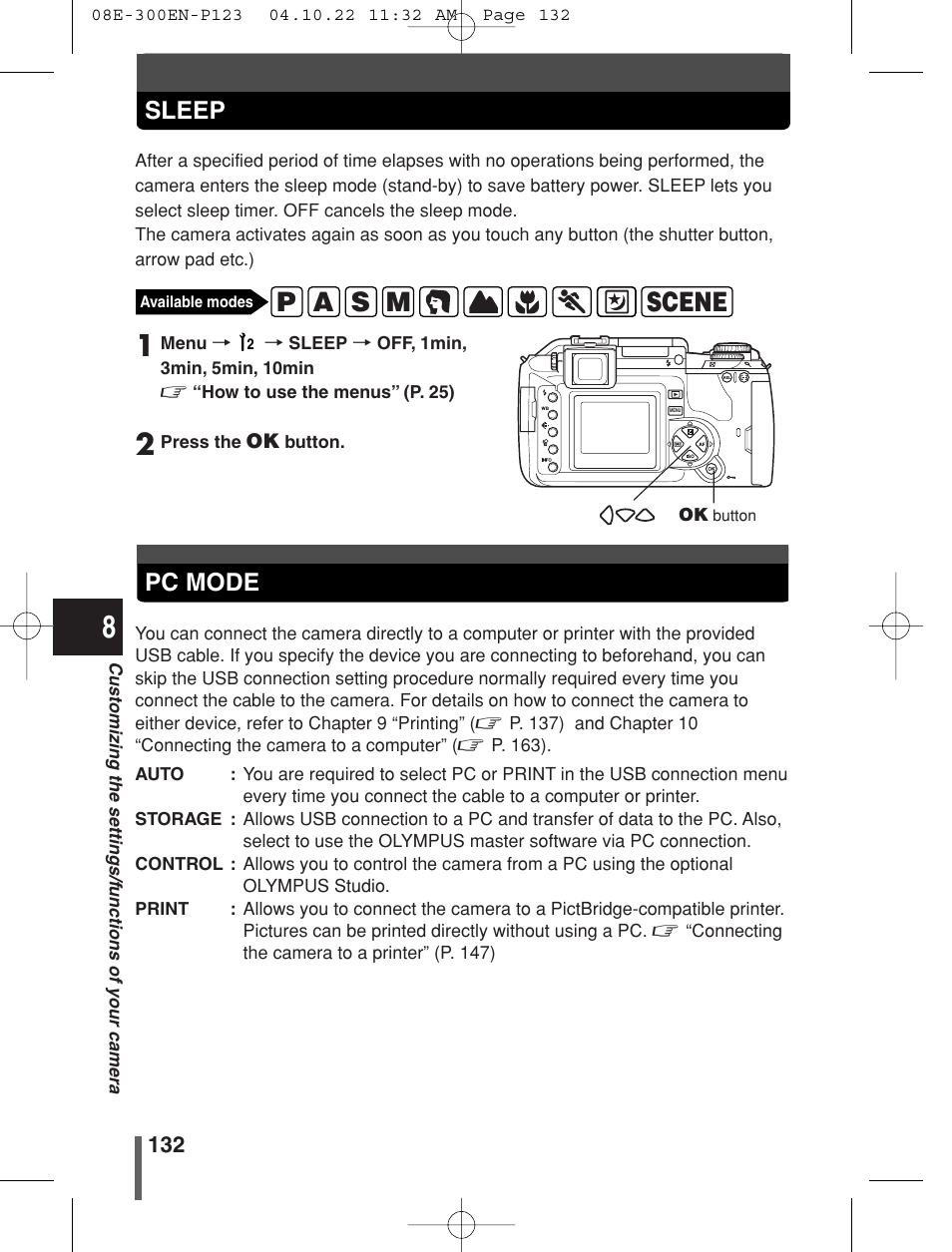 Sleep, Pc mode | Olympus EVOLT E-300 User Manual | Page 132 / 212