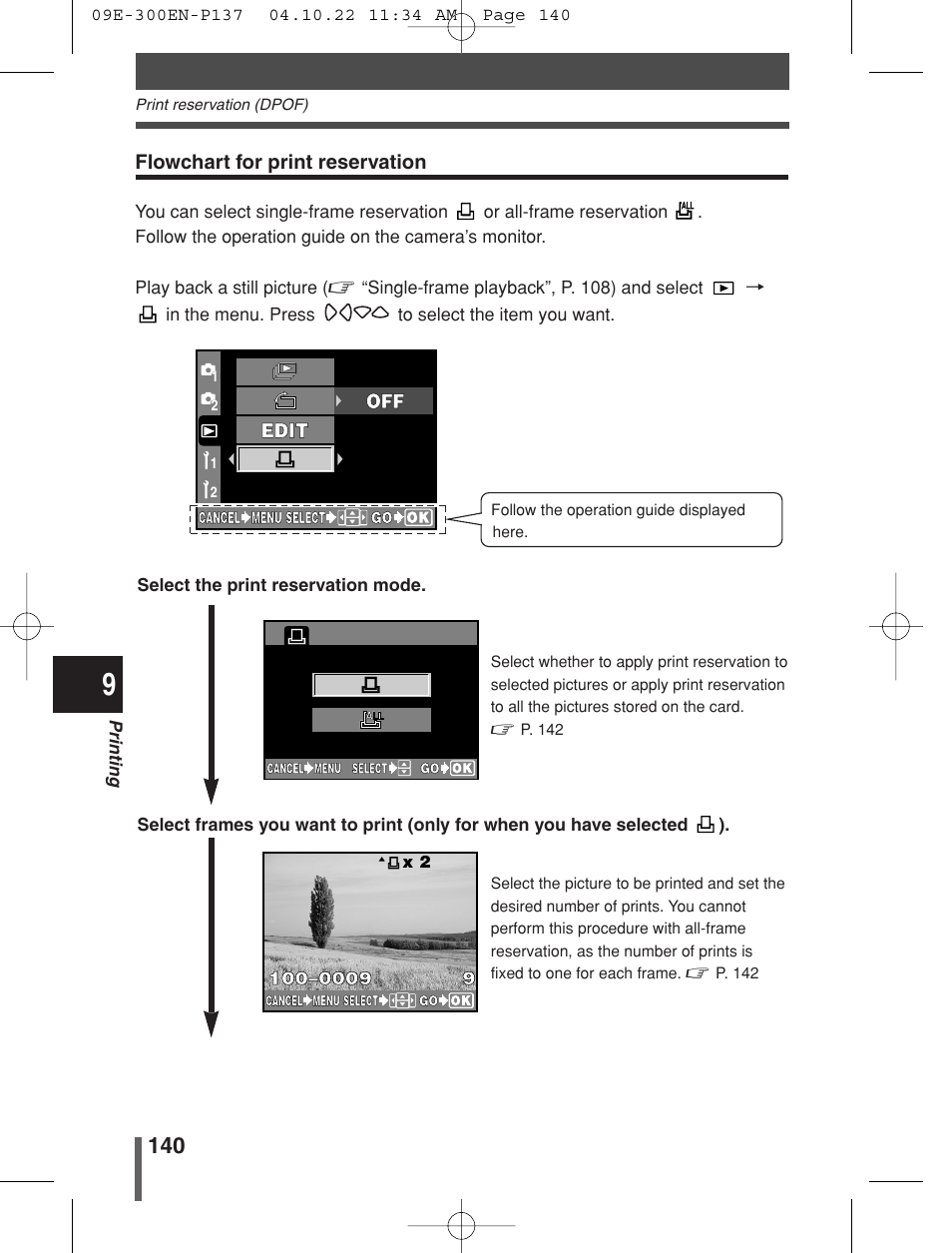 Flowchart for print reservation, Off edit | Olympus EVOLT E-300 User Manual | Page 140 / 212