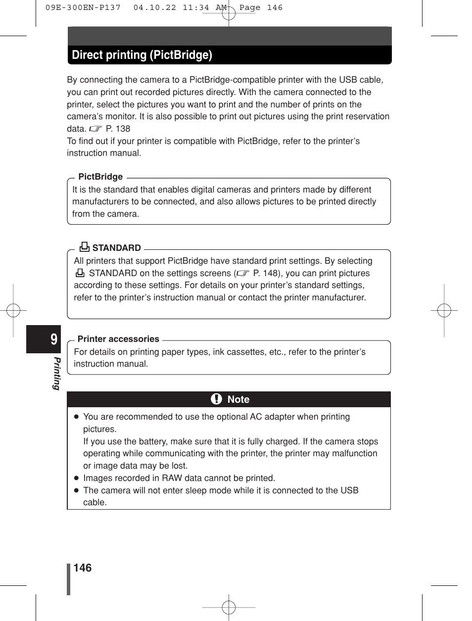 Direct printing (pictbridge) | Olympus EVOLT E-300 User Manual | Page 146 / 212