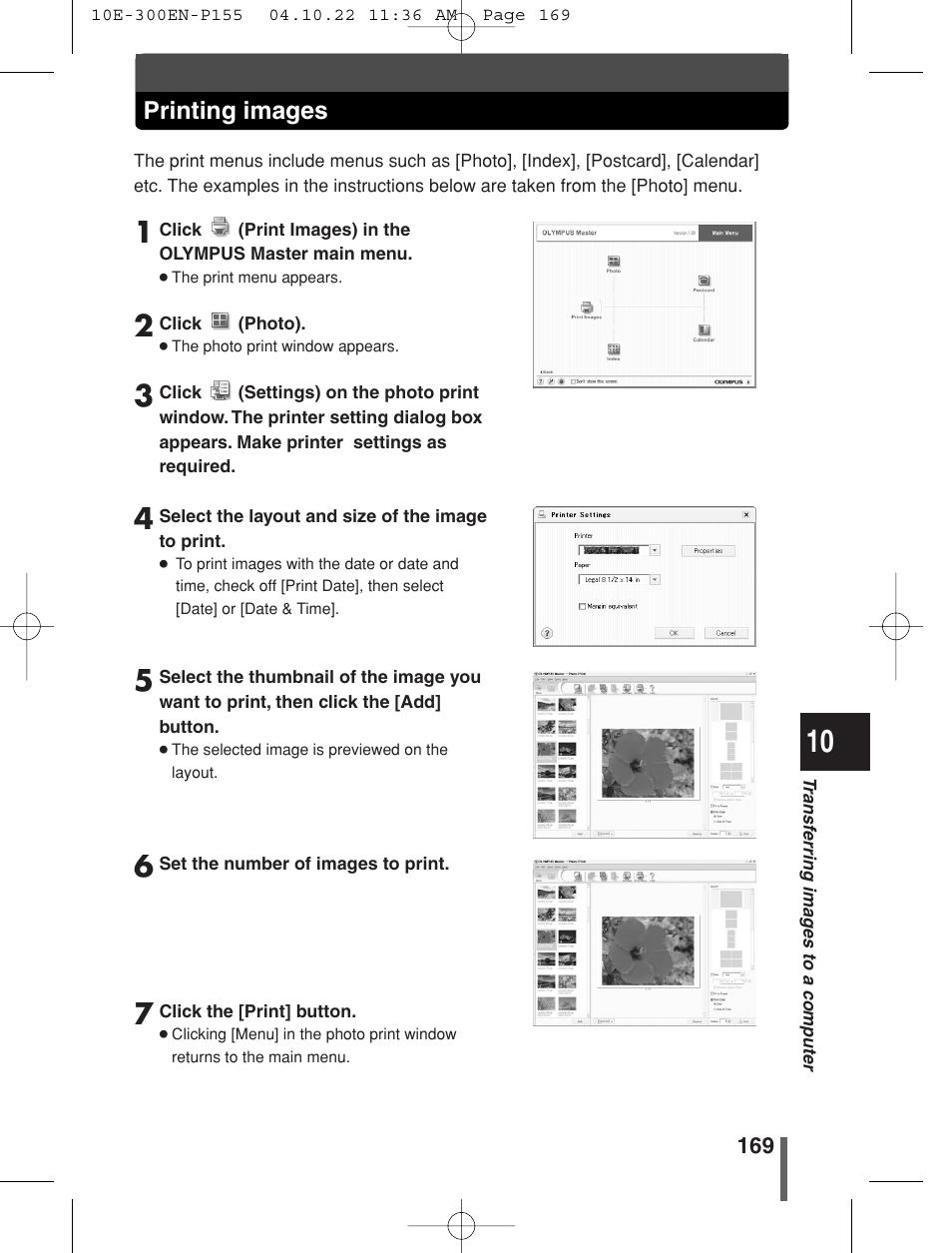 Printing images | Olympus EVOLT E-300 User Manual | Page 169 / 212
