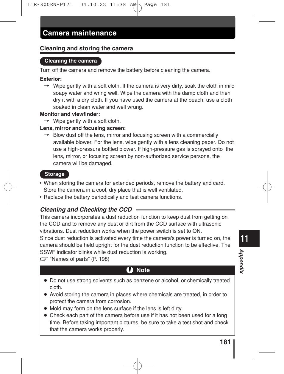 Camera maintenance | Olympus EVOLT E-300 User Manual | Page 181 / 212