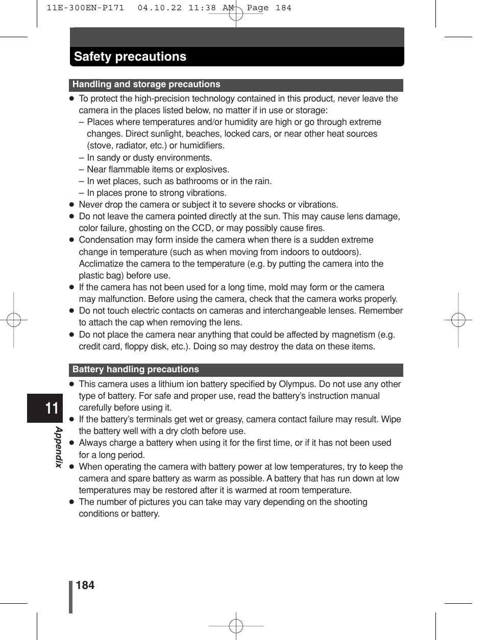 Safety precautions | Olympus EVOLT E-300 User Manual | Page 184 / 212