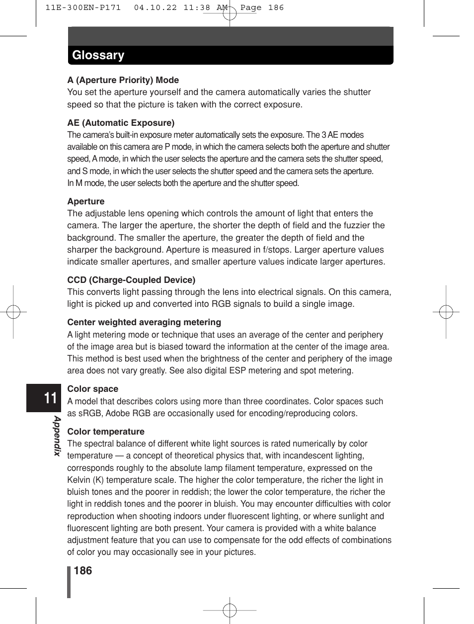 Glossary | Olympus EVOLT E-300 User Manual | Page 186 / 212