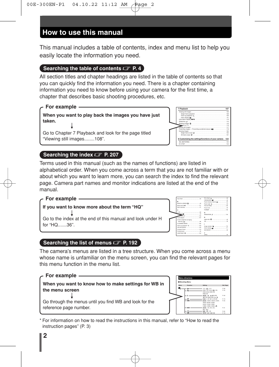 How to use this manual, Searching the table of contents, For example | Searching the index, Searching the list of menus | Olympus EVOLT E-300 User Manual | Page 2 / 212