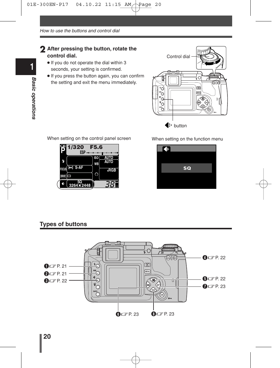 Types of buttons | Olympus EVOLT E-300 User Manual | Page 20 / 212