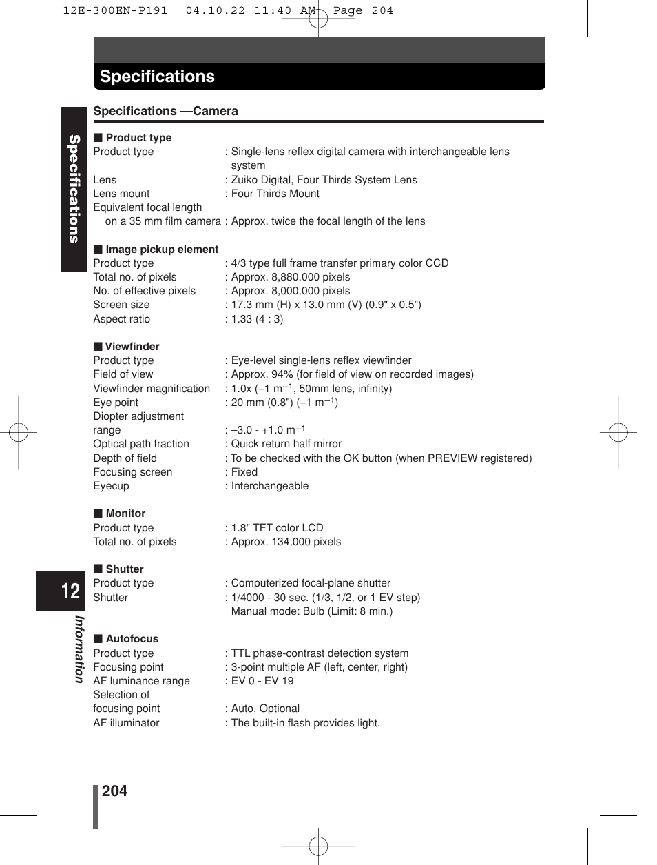 Specifications | Olympus EVOLT E-300 User Manual | Page 204 / 212