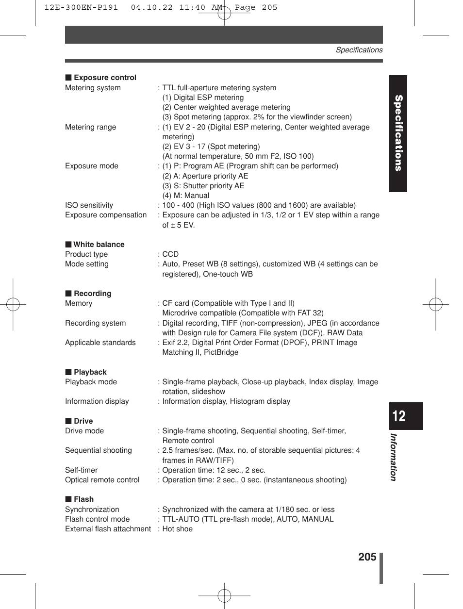 Specifications | Olympus EVOLT E-300 User Manual | Page 205 / 212