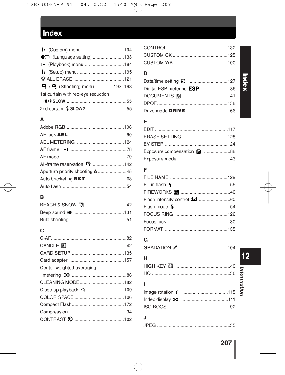 Index | Olympus EVOLT E-300 User Manual | Page 207 / 212