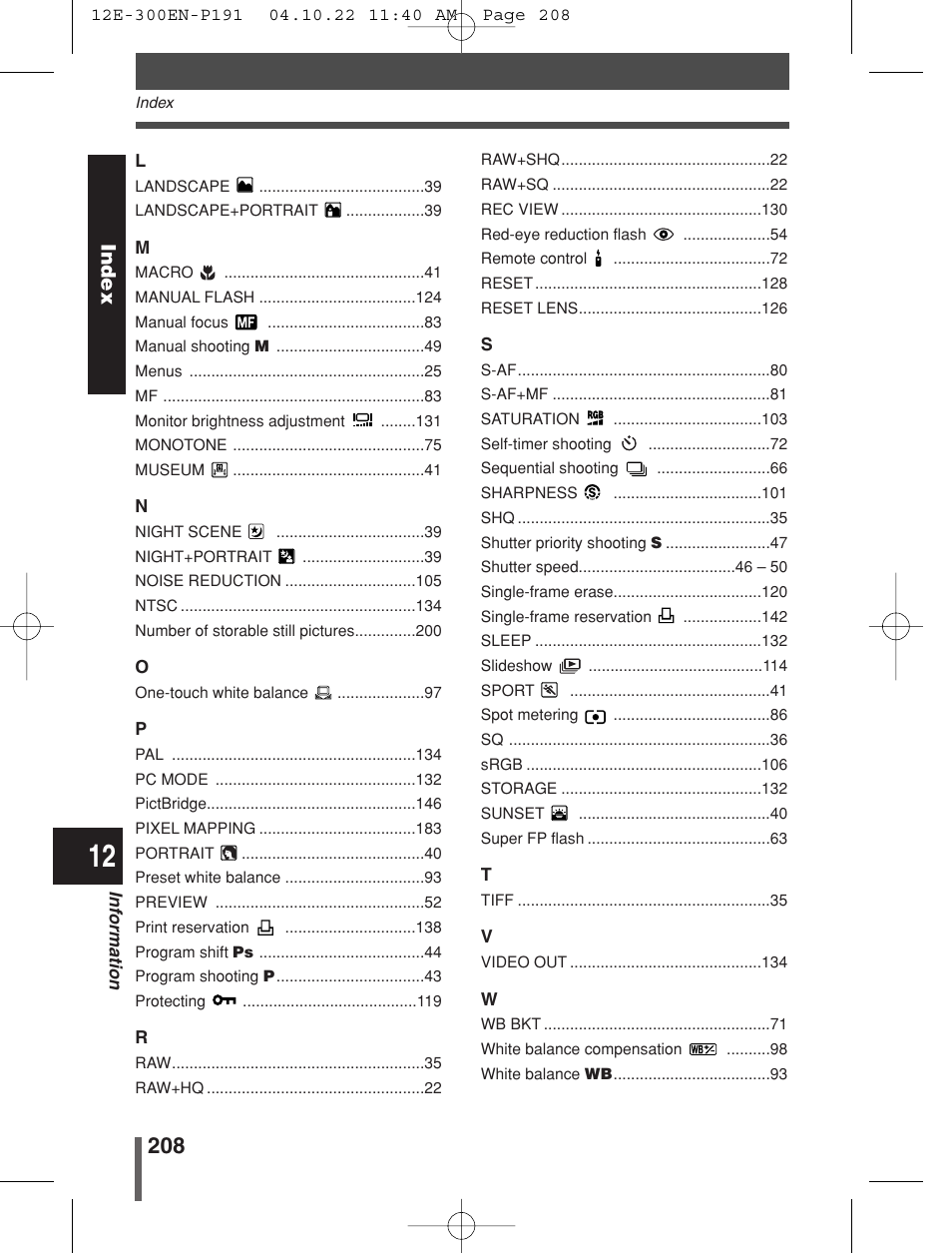 Index | Olympus EVOLT E-300 User Manual | Page 208 / 212