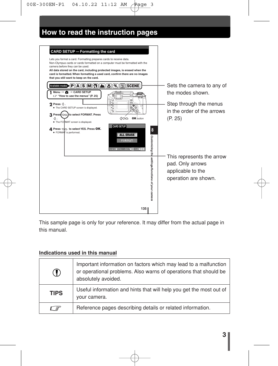 How to read the instruction pages, Tips | Olympus EVOLT E-300 User Manual | Page 3 / 212