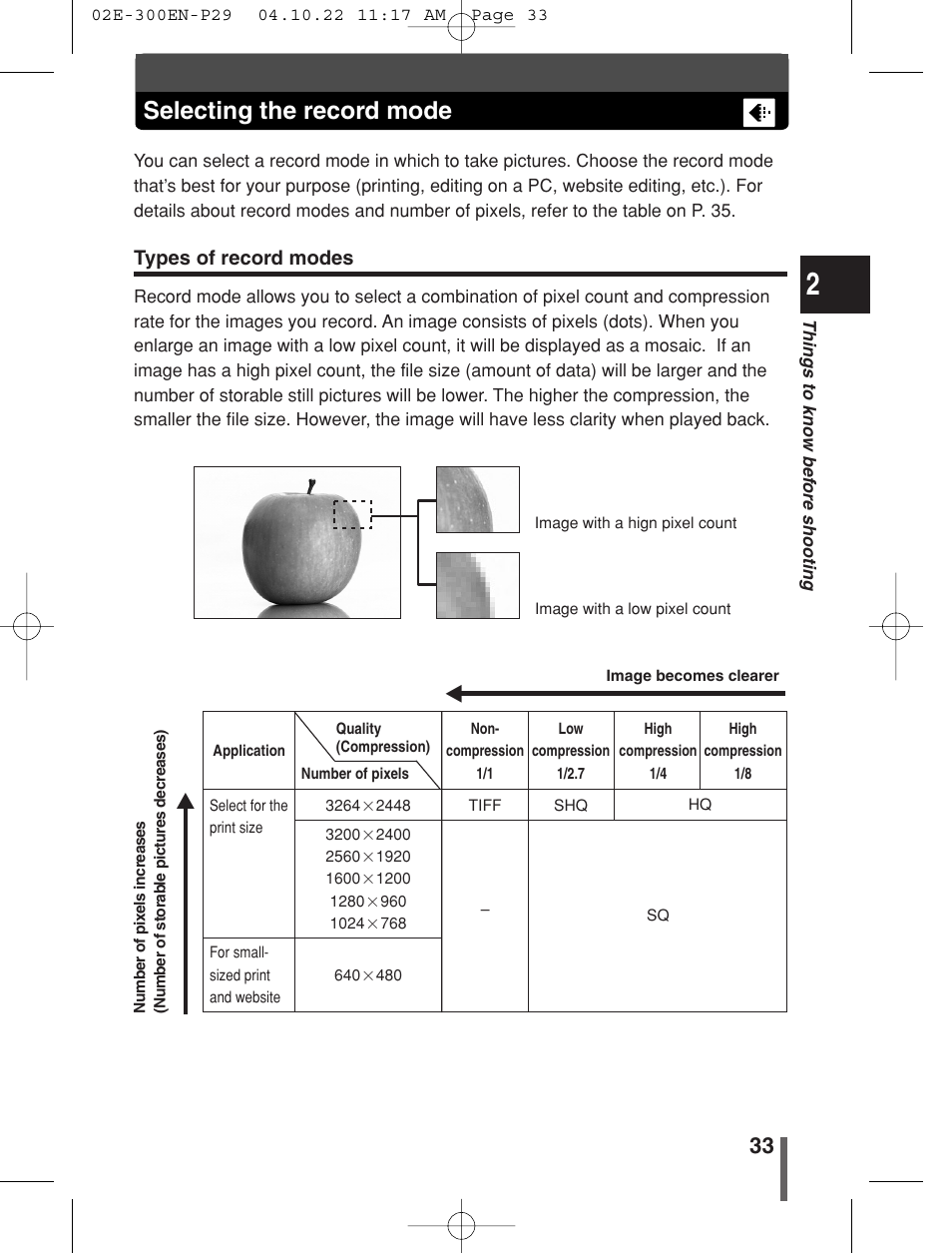 Selecting the record mode, Types of record modes | Olympus EVOLT E-300 User Manual | Page 33 / 212