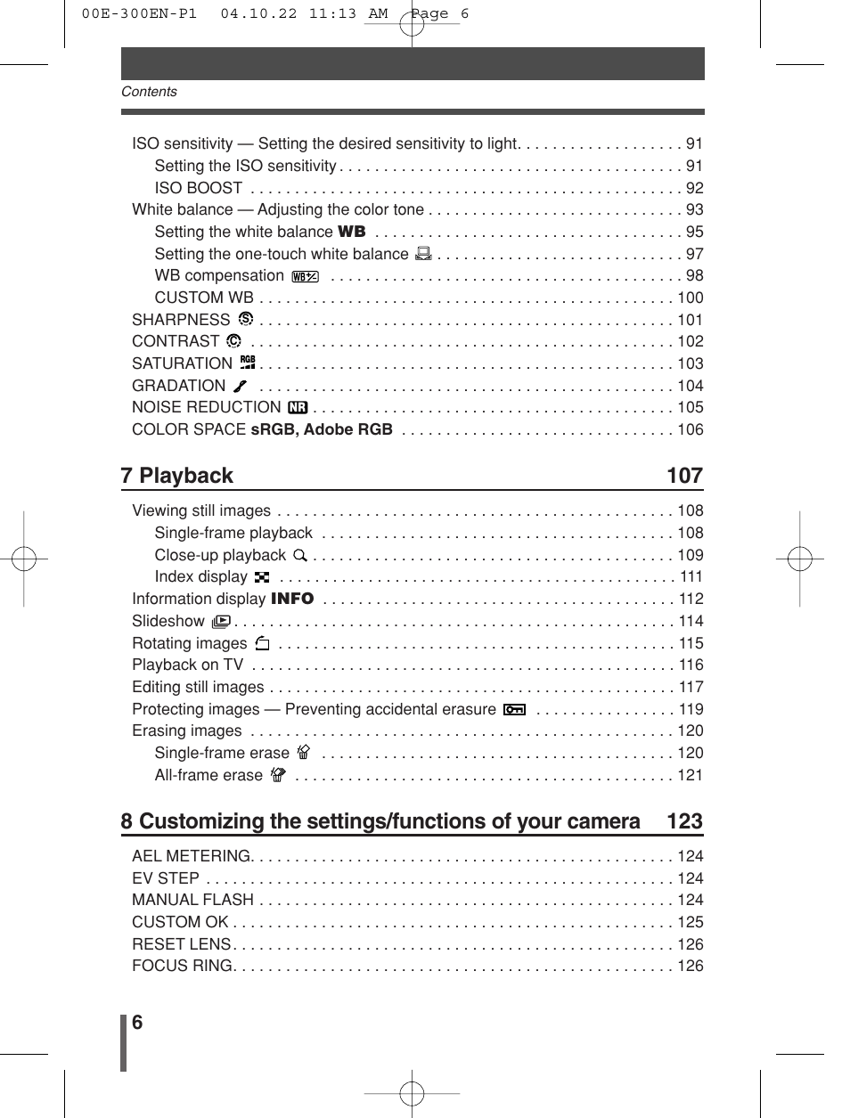 7 playback 107 | Olympus EVOLT E-300 User Manual | Page 6 / 212