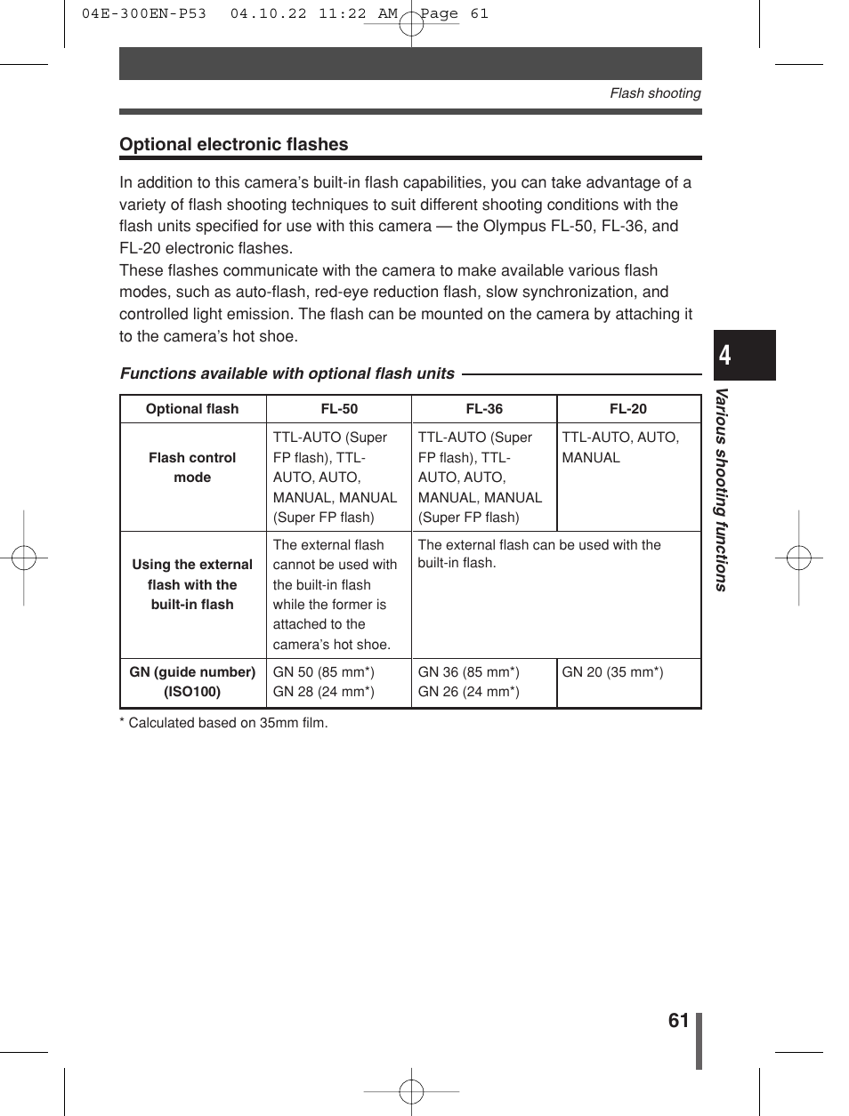Optional electronic flashes | Olympus EVOLT E-300 User Manual | Page 61 / 212