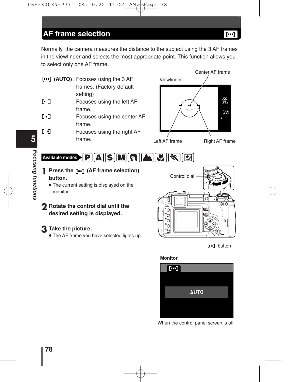 P a s m, Af frame selection | Olympus EVOLT E-300 User Manual | Page 78 / 212