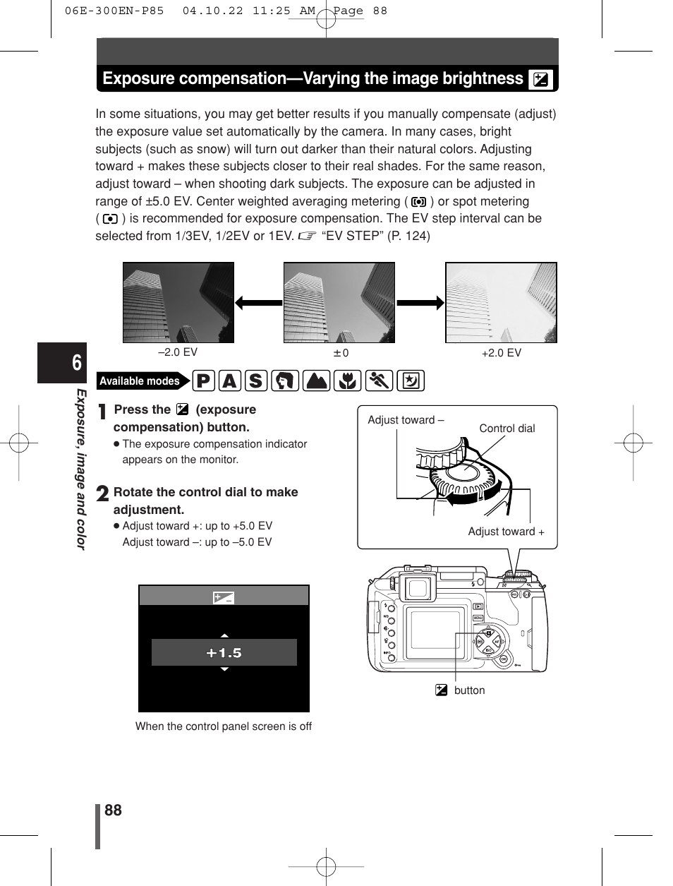 P a s, Exposure compensation—varying the image brightness | Olympus EVOLT E-300 User Manual | Page 88 / 212