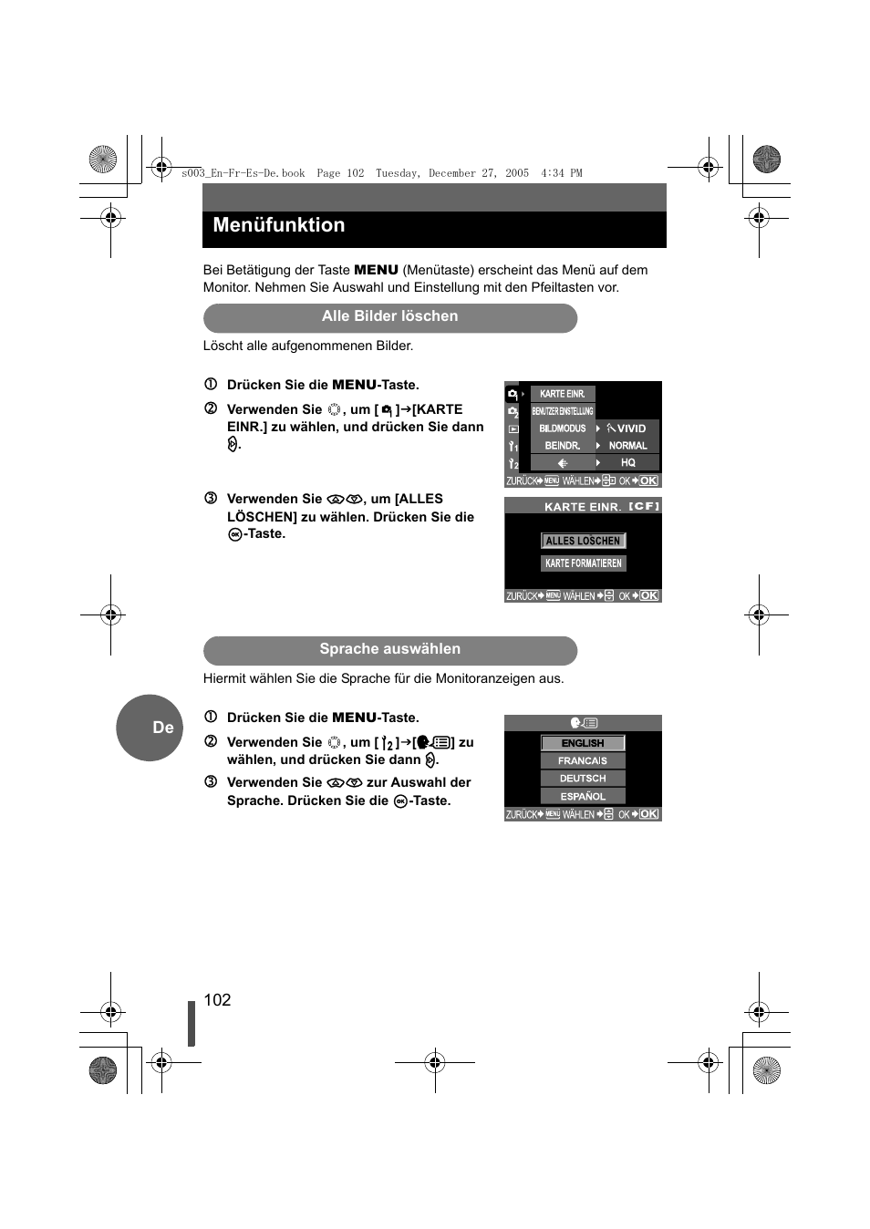 Menüfunktion, Alle bilder löschen, Sprache auswählen | Olympus EVOLT E-330 User Manual | Page 102 / 116
