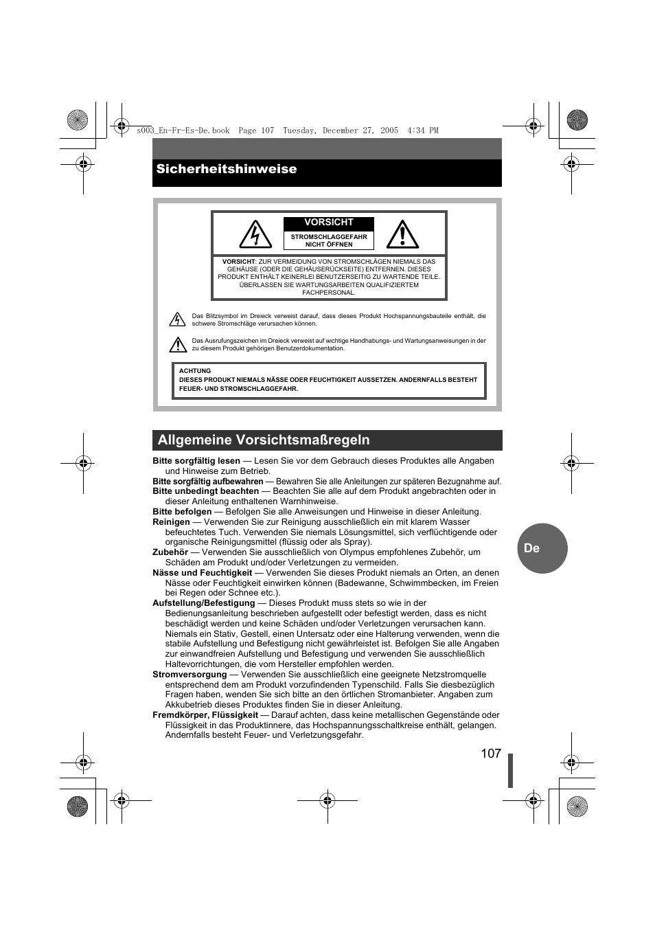 Sicherheitshinweise, Allgemeine vorsichtsmaßregeln, 107 de sicherheitshinweise | Olympus EVOLT E-330 User Manual | Page 107 / 116