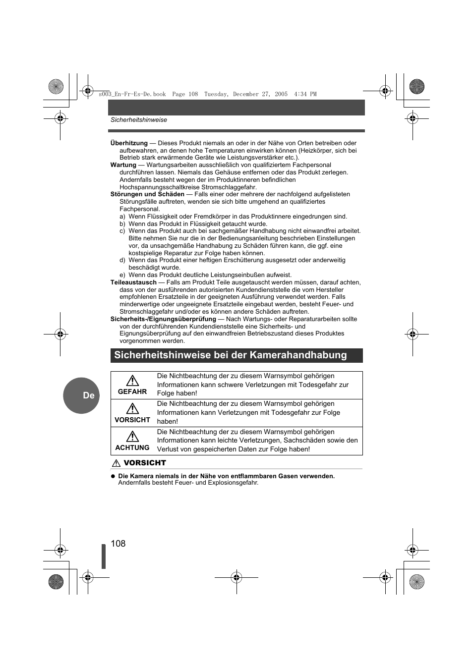Sicherheitshinweise bei der kamerahandhabung | Olympus EVOLT E-330 User Manual | Page 108 / 116
