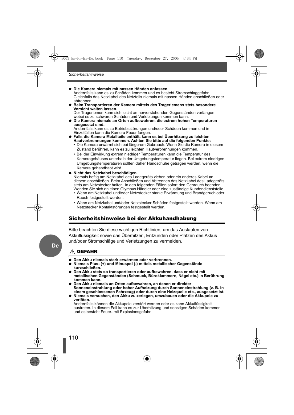 Sicherheitshinweise bei der akkuhandhabung | Olympus EVOLT E-330 User Manual | Page 110 / 116