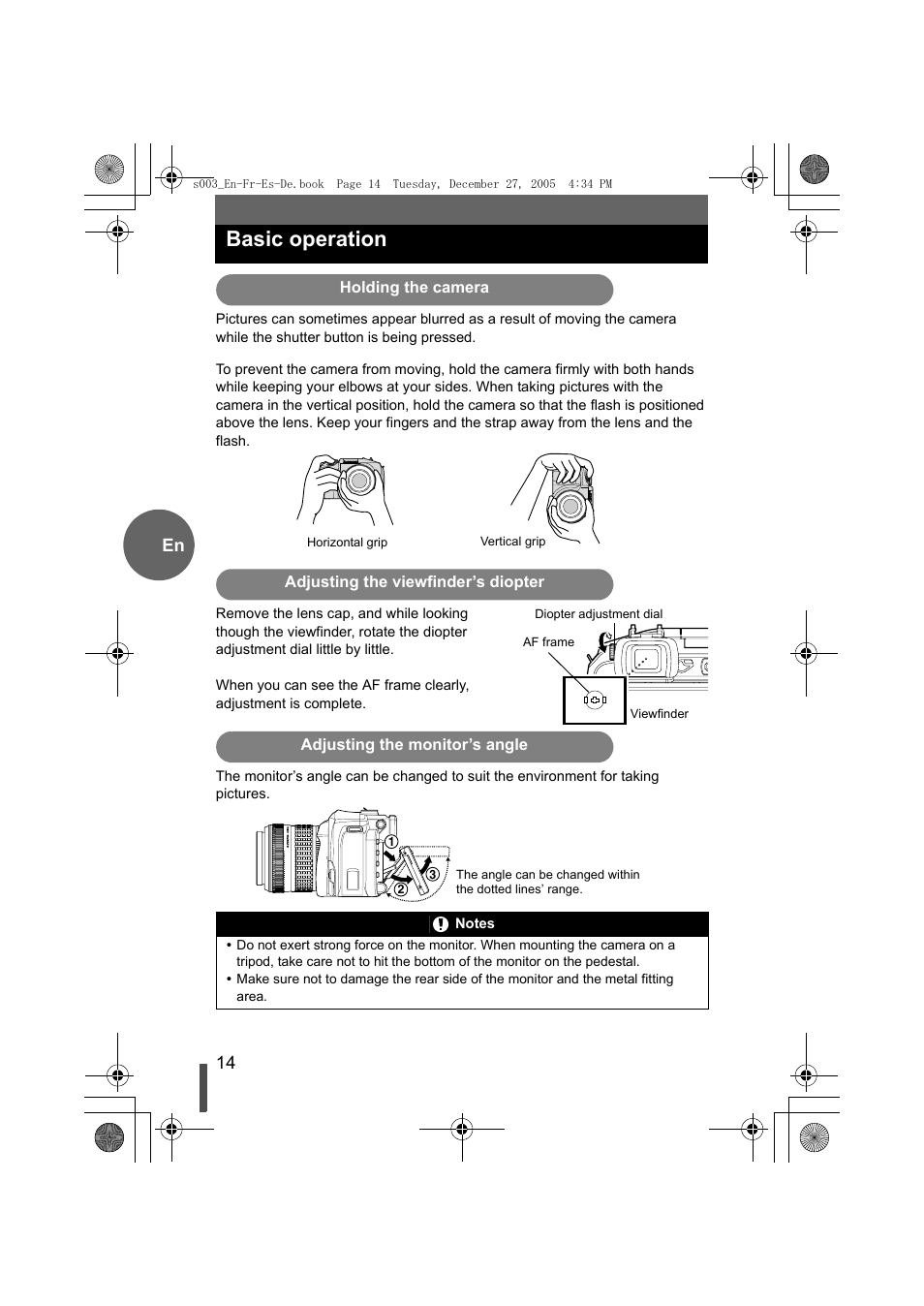 Basic operation, Holding the camera, Adjusting the viewfinder’s diopter | Adjusting the monitor’s angle, 14 en | Olympus EVOLT E-330 User Manual | Page 14 / 116
