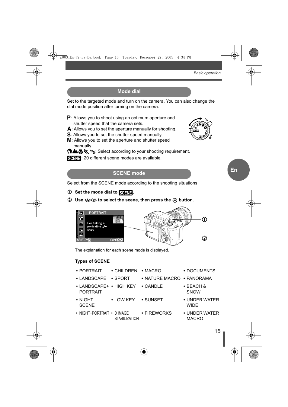 Mode dial, Scene mode | Olympus EVOLT E-330 User Manual | Page 15 / 116