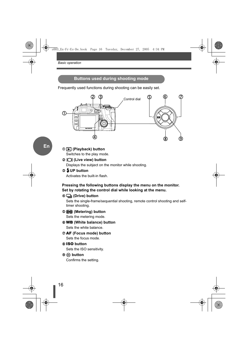 Buttons used during shooting mode | Olympus EVOLT E-330 User Manual | Page 16 / 116