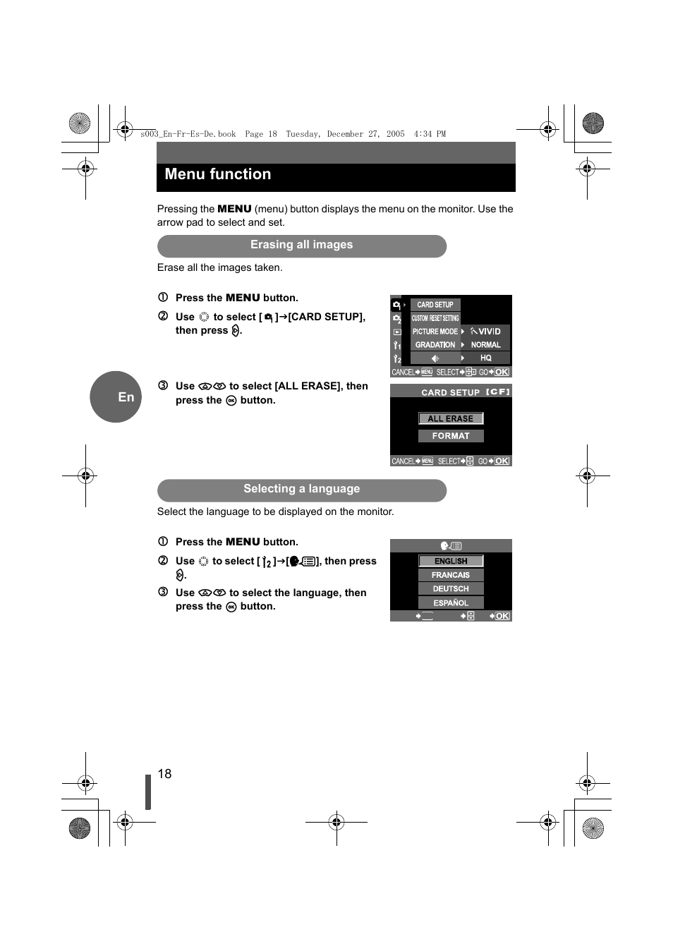 Menu function, Erasing all images, Selecting a language | Olympus EVOLT E-330 User Manual | Page 18 / 116
