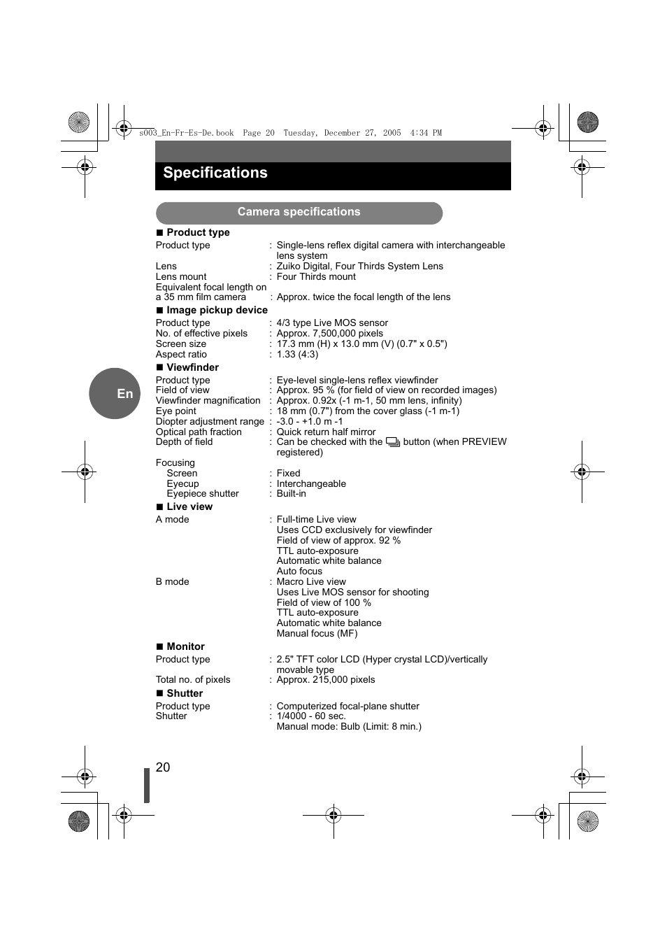 Specifications, Camera specifications, 20 en | Olympus EVOLT E-330 User Manual | Page 20 / 116