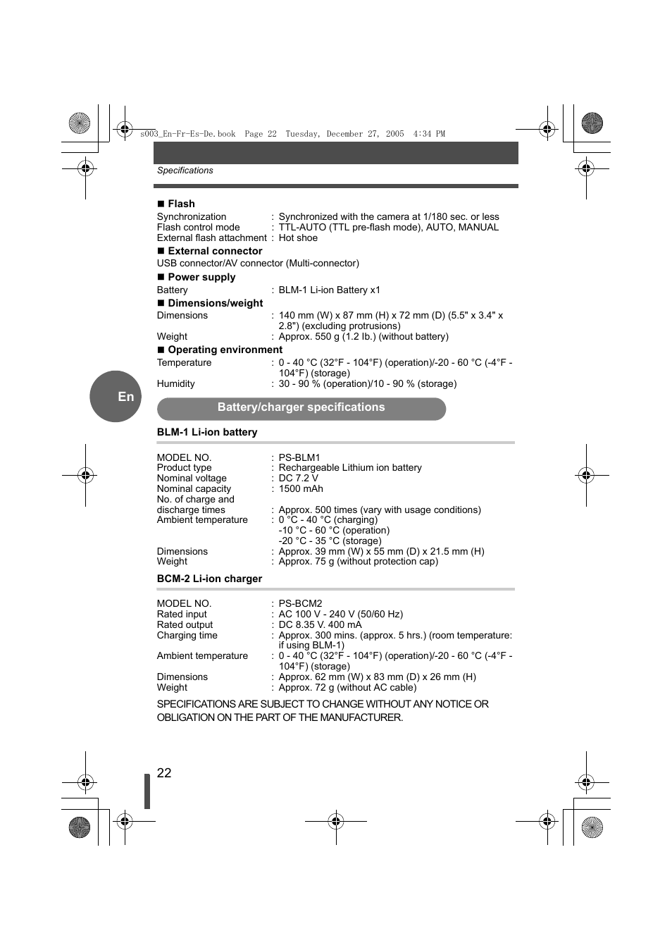 Battery/charger specifications | Olympus EVOLT E-330 User Manual | Page 22 / 116