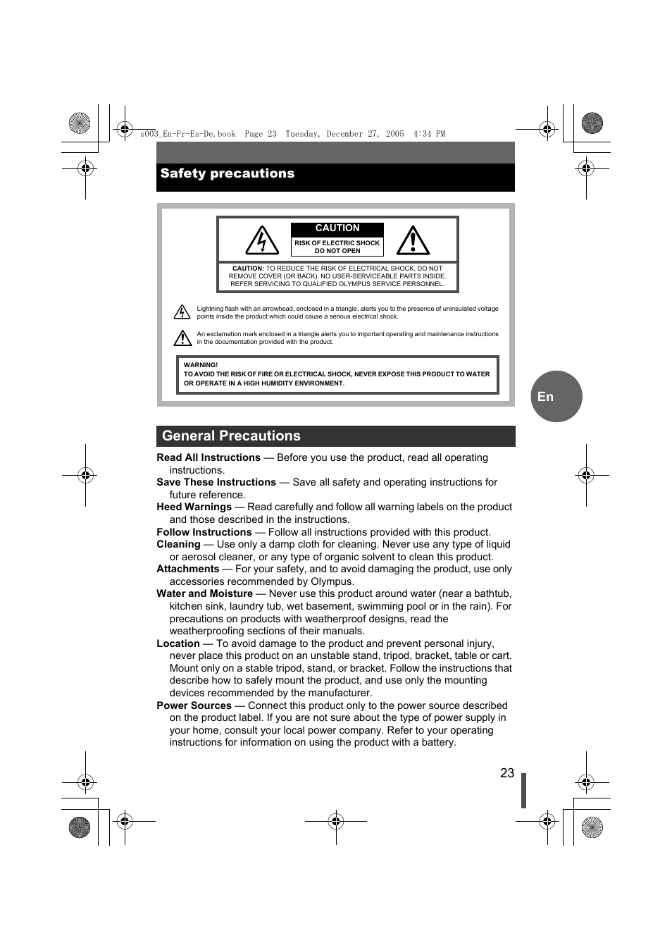 Safety precautions, General precautions, 23 en safety precautions | Olympus EVOLT E-330 User Manual | Page 23 / 116