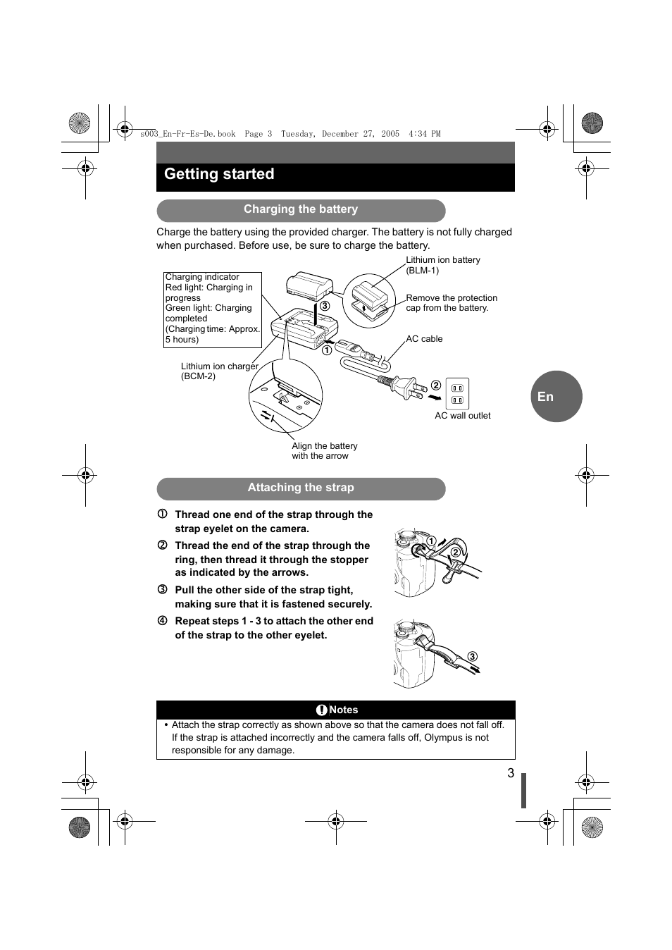 Getting started, Charging the battery, Attaching the strap | Olympus EVOLT E-330 User Manual | Page 3 / 116