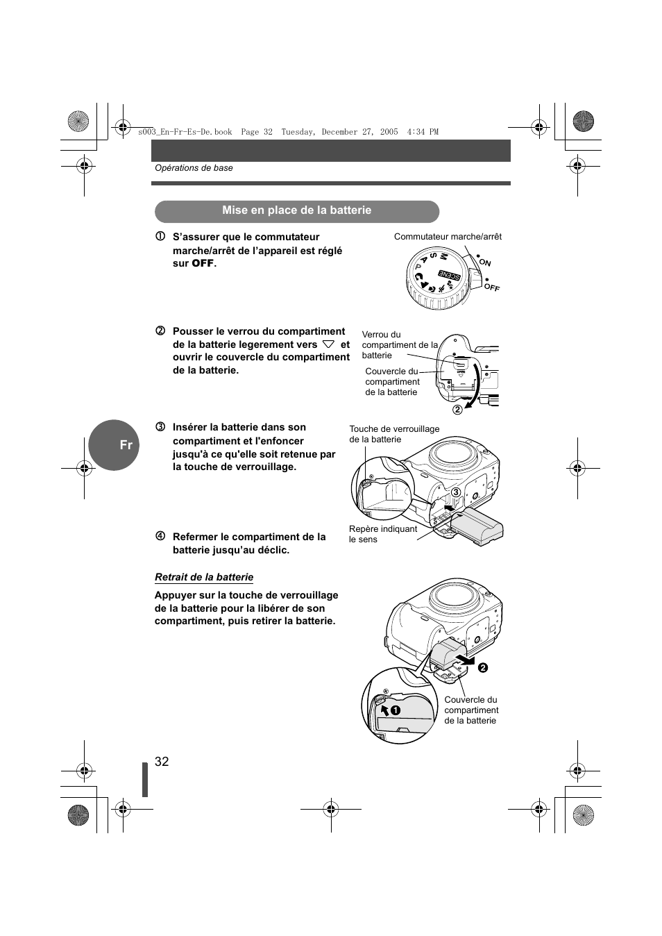Mise en place de la batterie, Fr 1 | Olympus EVOLT E-330 User Manual | Page 32 / 116