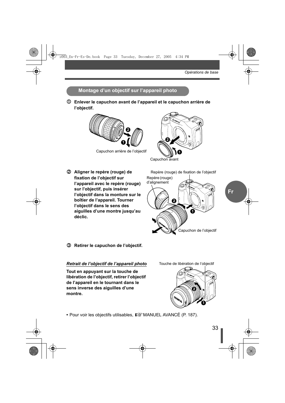 Montage d’un objectif sur l’appareil photo, Fr 1 | Olympus EVOLT E-330 User Manual | Page 33 / 116