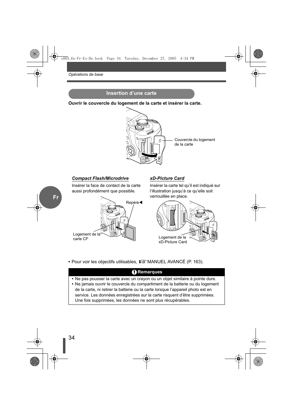 Insertion d’une carte | Olympus EVOLT E-330 User Manual | Page 34 / 116