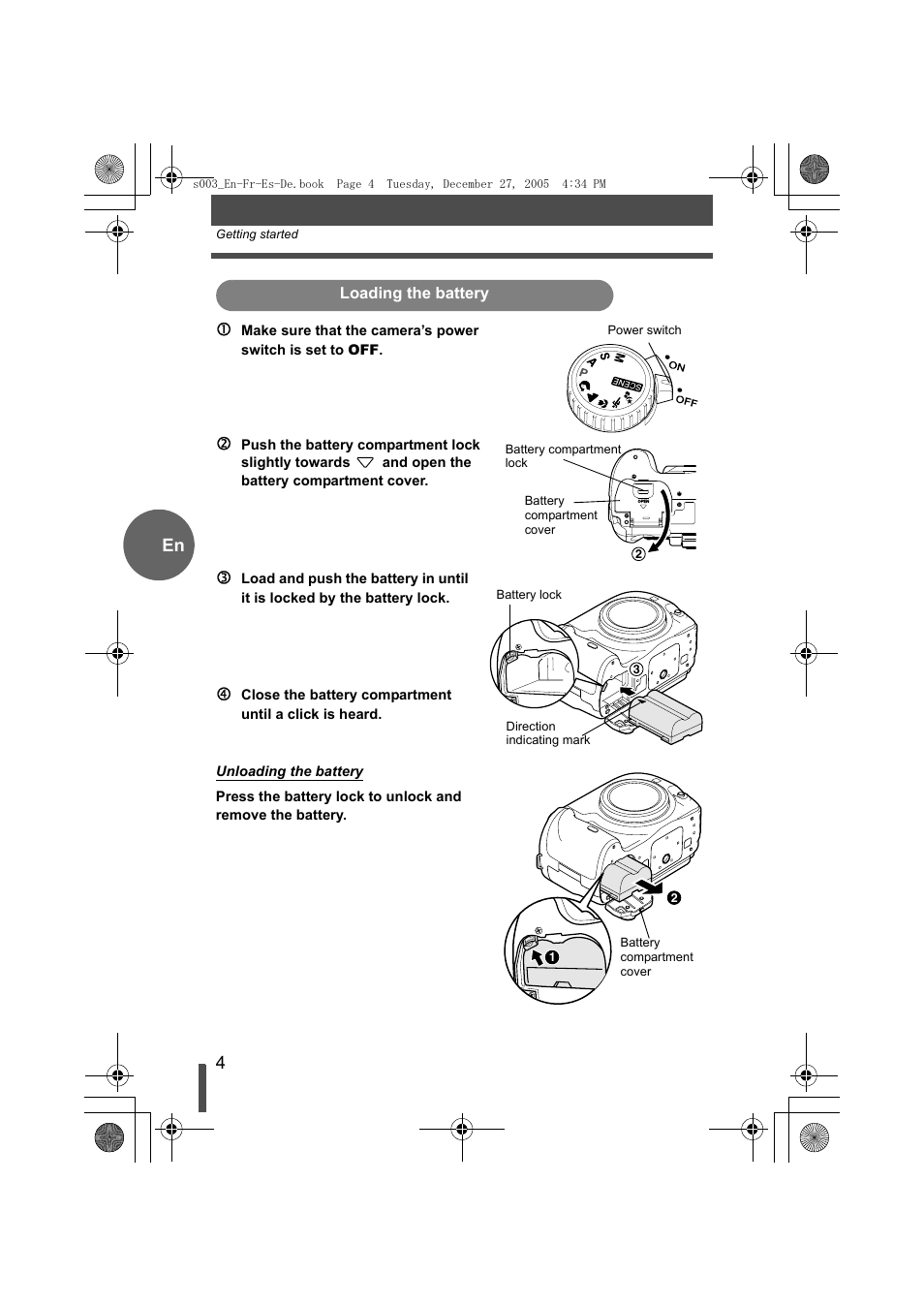 Loading the battery, En 1 | Olympus EVOLT E-330 User Manual | Page 4 / 116