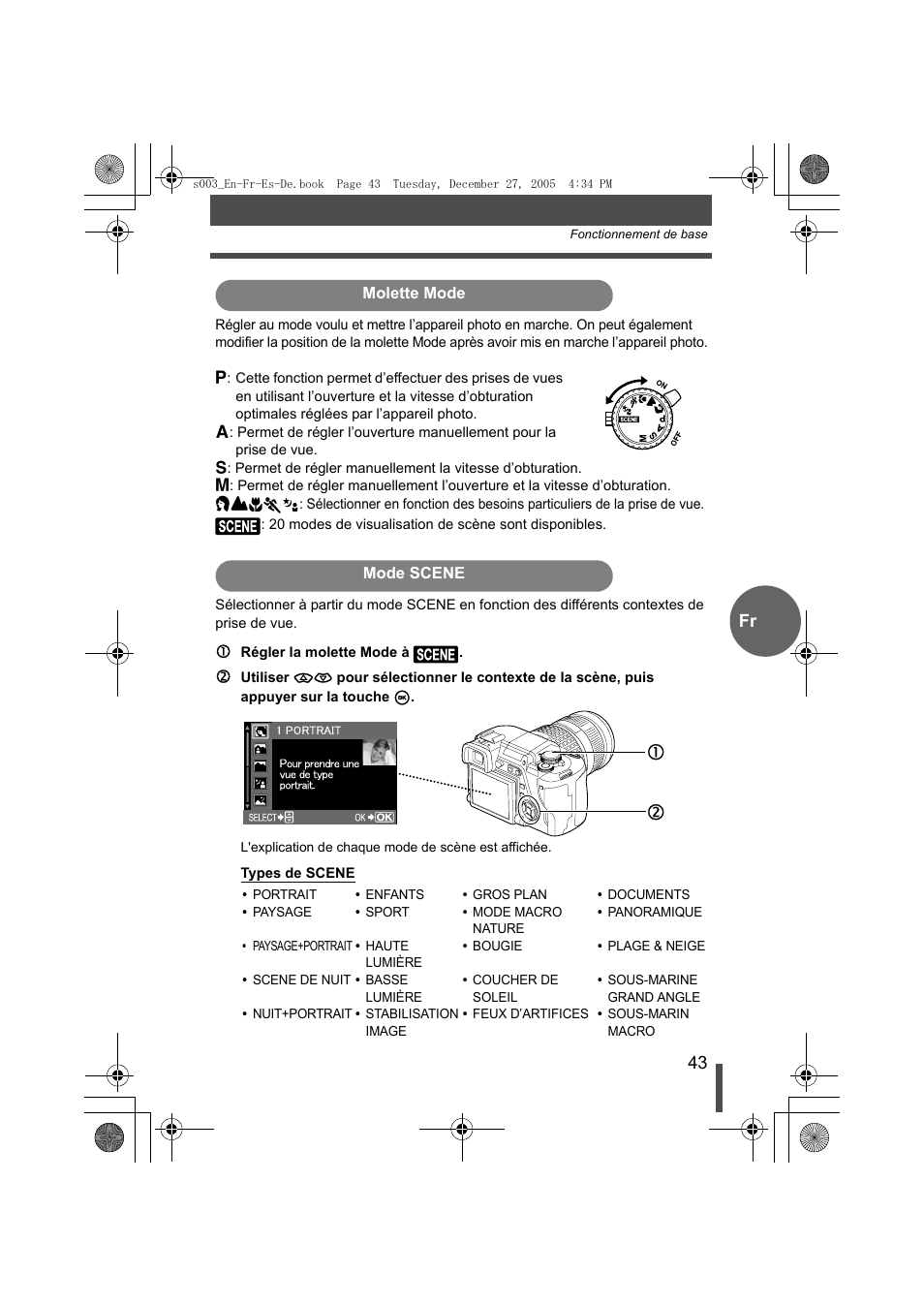 Molette mode, Mode scene | Olympus EVOLT E-330 User Manual | Page 43 / 116