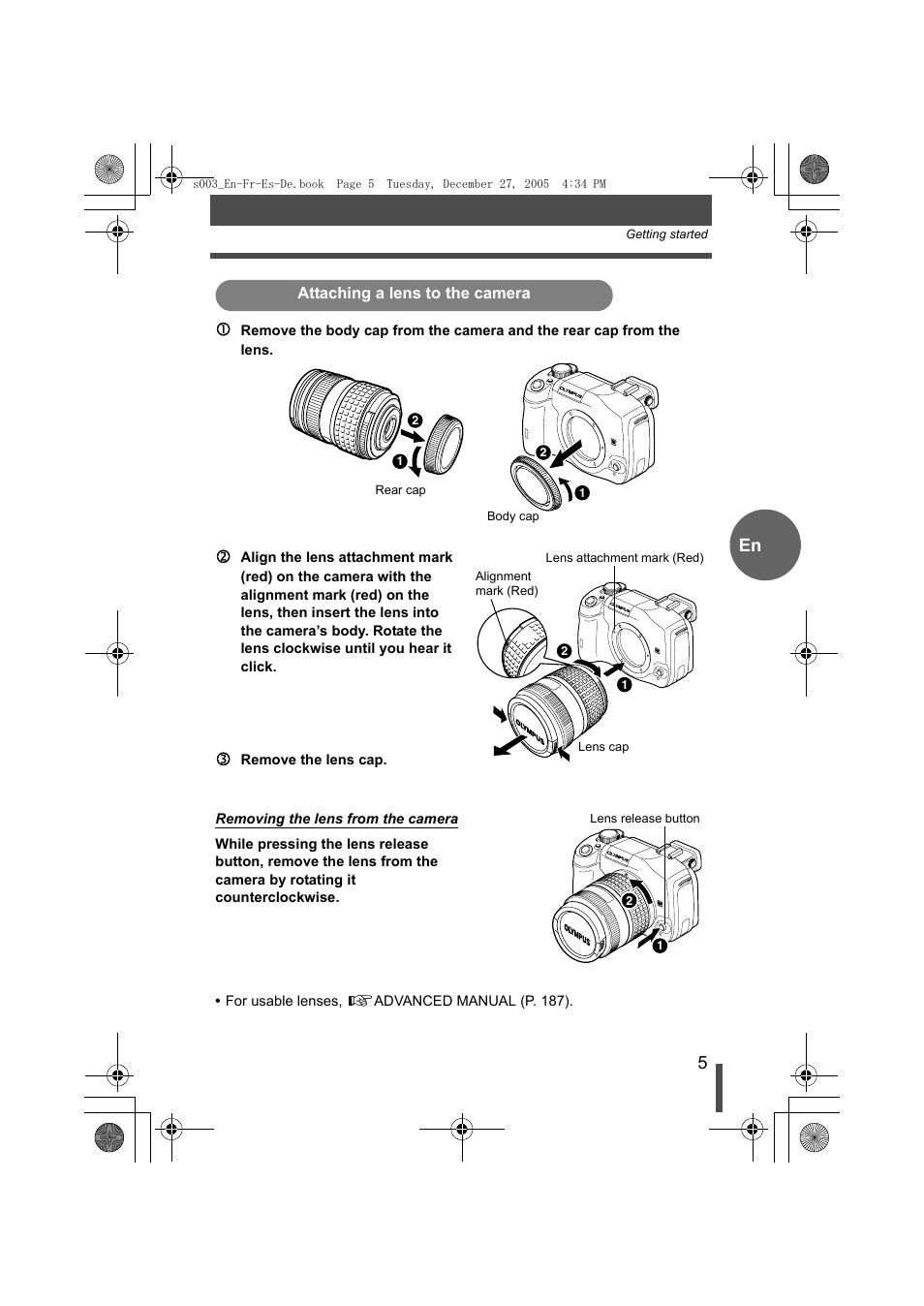 Attaching a lens to the camera, En 1 | Olympus EVOLT E-330 User Manual | Page 5 / 116
