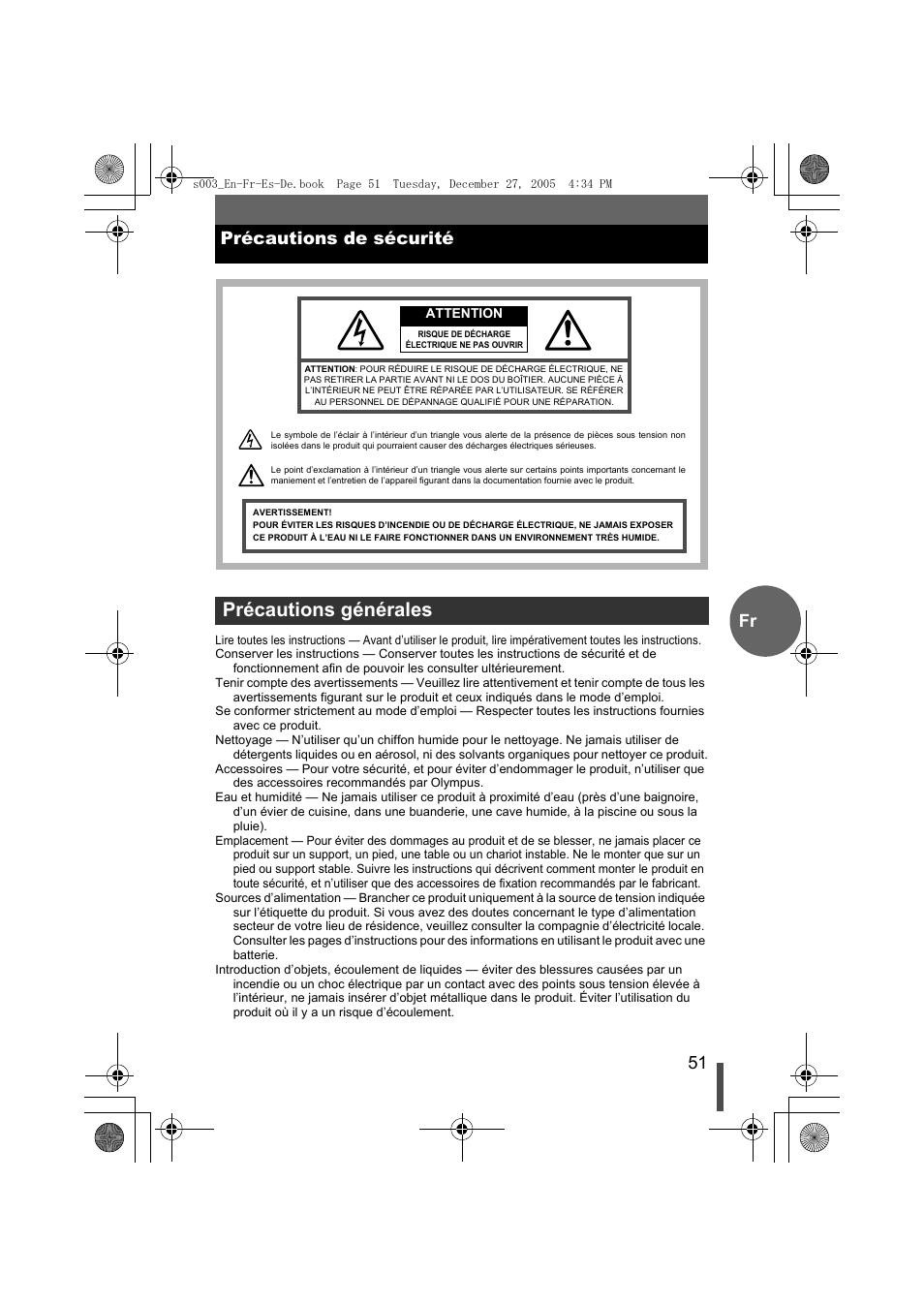 Précautions de sécurité, Précautions générales, 51 fr précautions de sécurité | Olympus EVOLT E-330 User Manual | Page 51 / 116