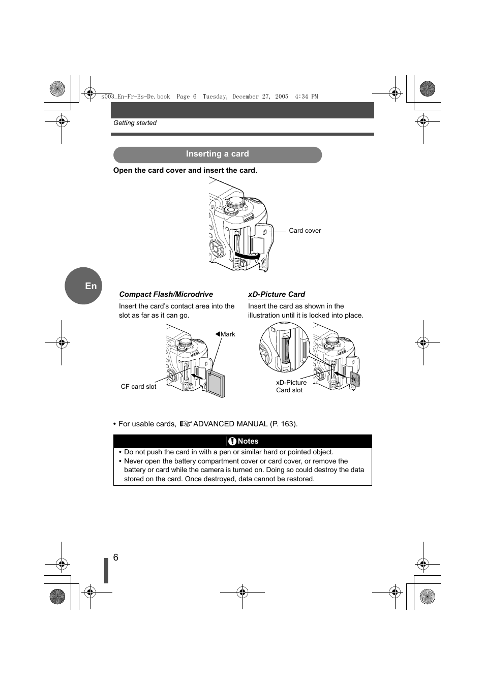 Inserting a card | Olympus EVOLT E-330 User Manual | Page 6 / 116