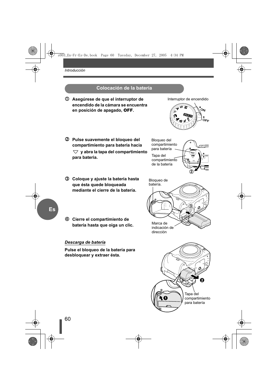Colocación de la batería, Es 1 | Olympus EVOLT E-330 User Manual | Page 60 / 116