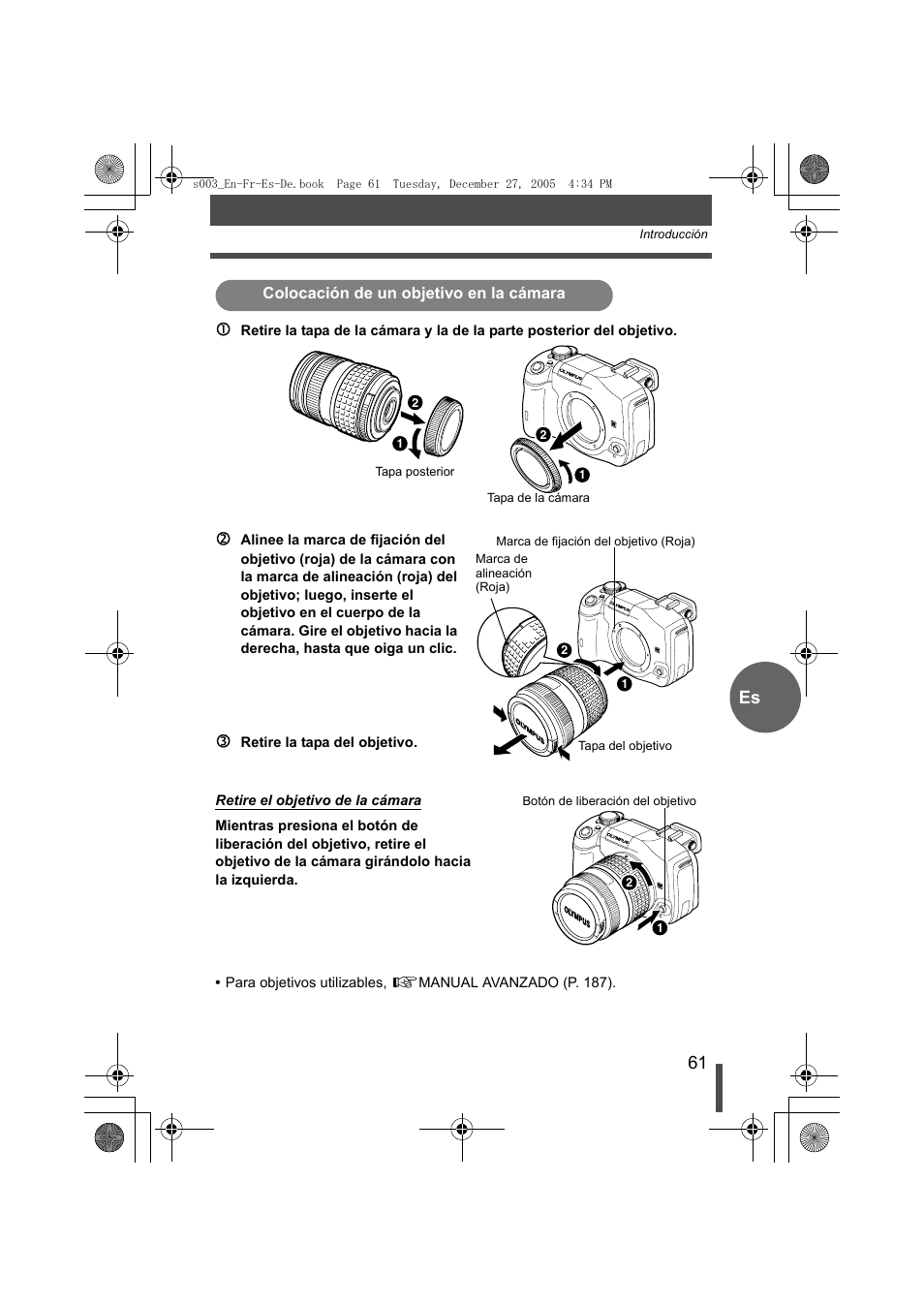 Colocación de un objetivo en la cámara, Es 1 | Olympus EVOLT E-330 User Manual | Page 61 / 116