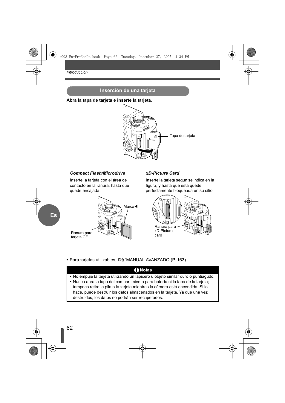 Inserción de una tarjeta | Olympus EVOLT E-330 User Manual | Page 62 / 116