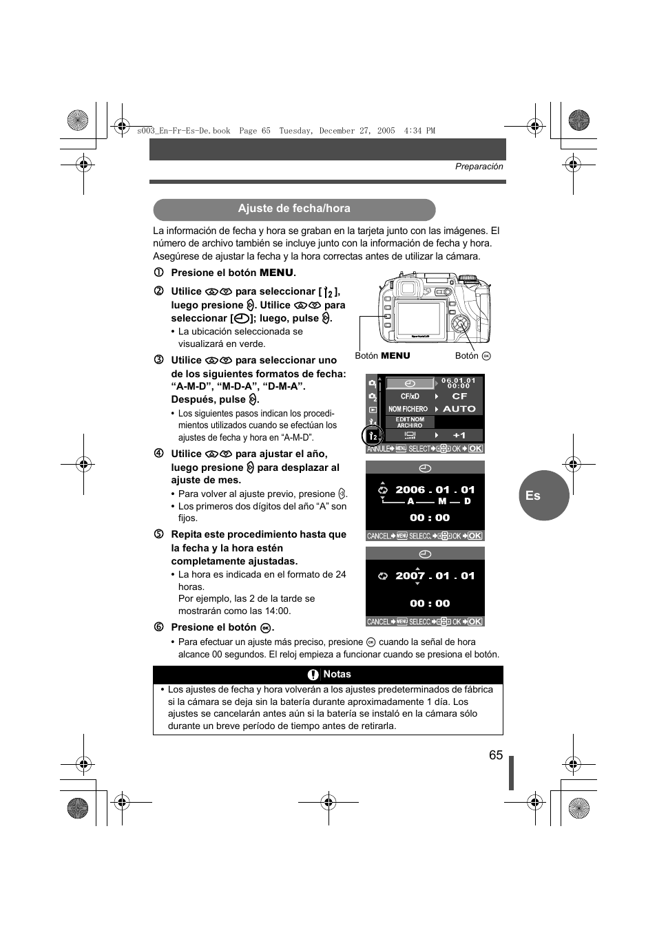 Ajuste de fecha/hora | Olympus EVOLT E-330 User Manual | Page 65 / 116