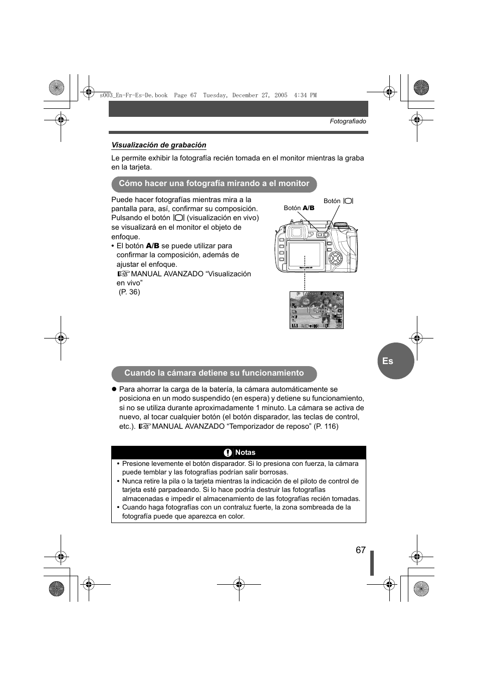 Cómo hacer una fotografía mirando a el monitor, Cuando la cámara detiene su funcionamiento | Olympus EVOLT E-330 User Manual | Page 67 / 116