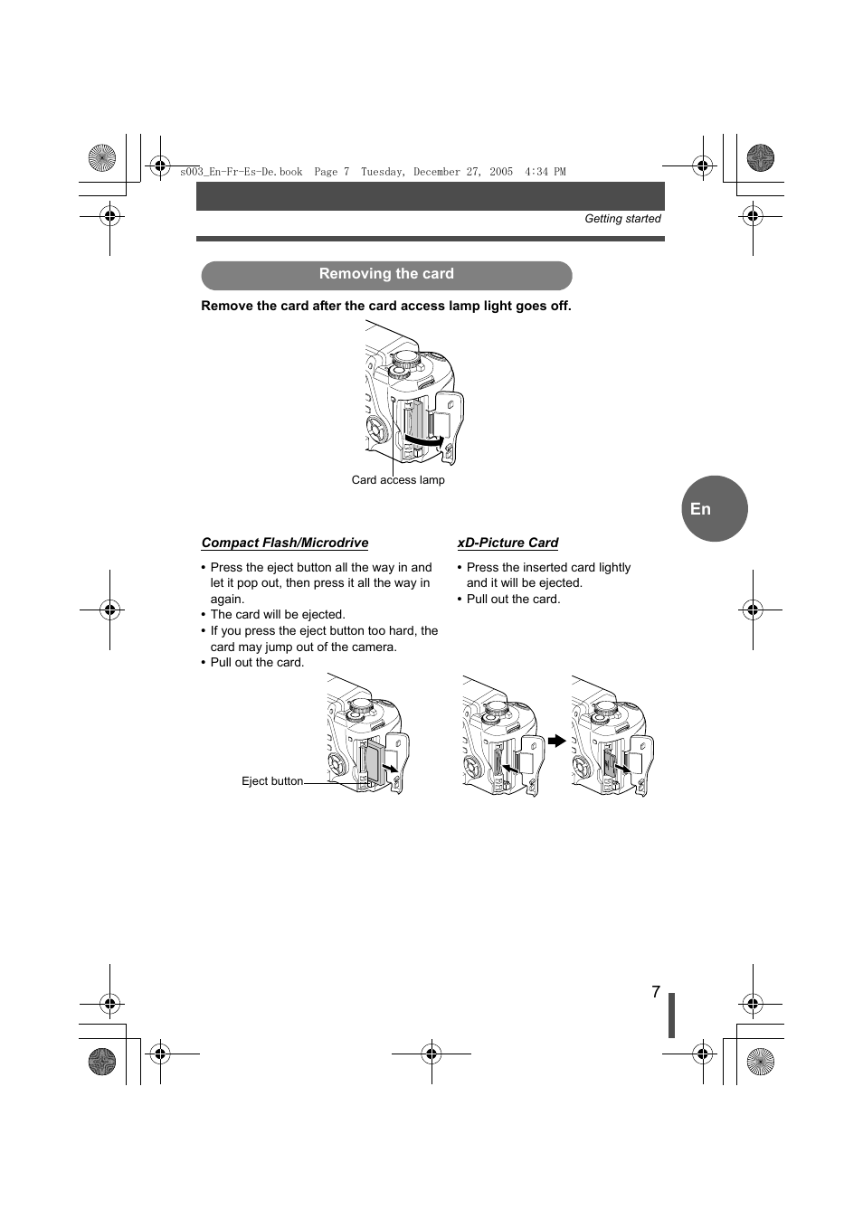 Removing the card | Olympus EVOLT E-330 User Manual | Page 7 / 116