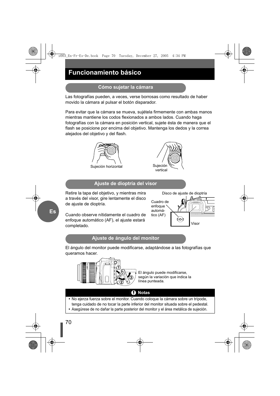 Funcionamiento básico, Cómo sujetar la cámara, Ajuste de dioptría del visor | Ajuste de ángulo del monitor, 70 es | Olympus EVOLT E-330 User Manual | Page 70 / 116