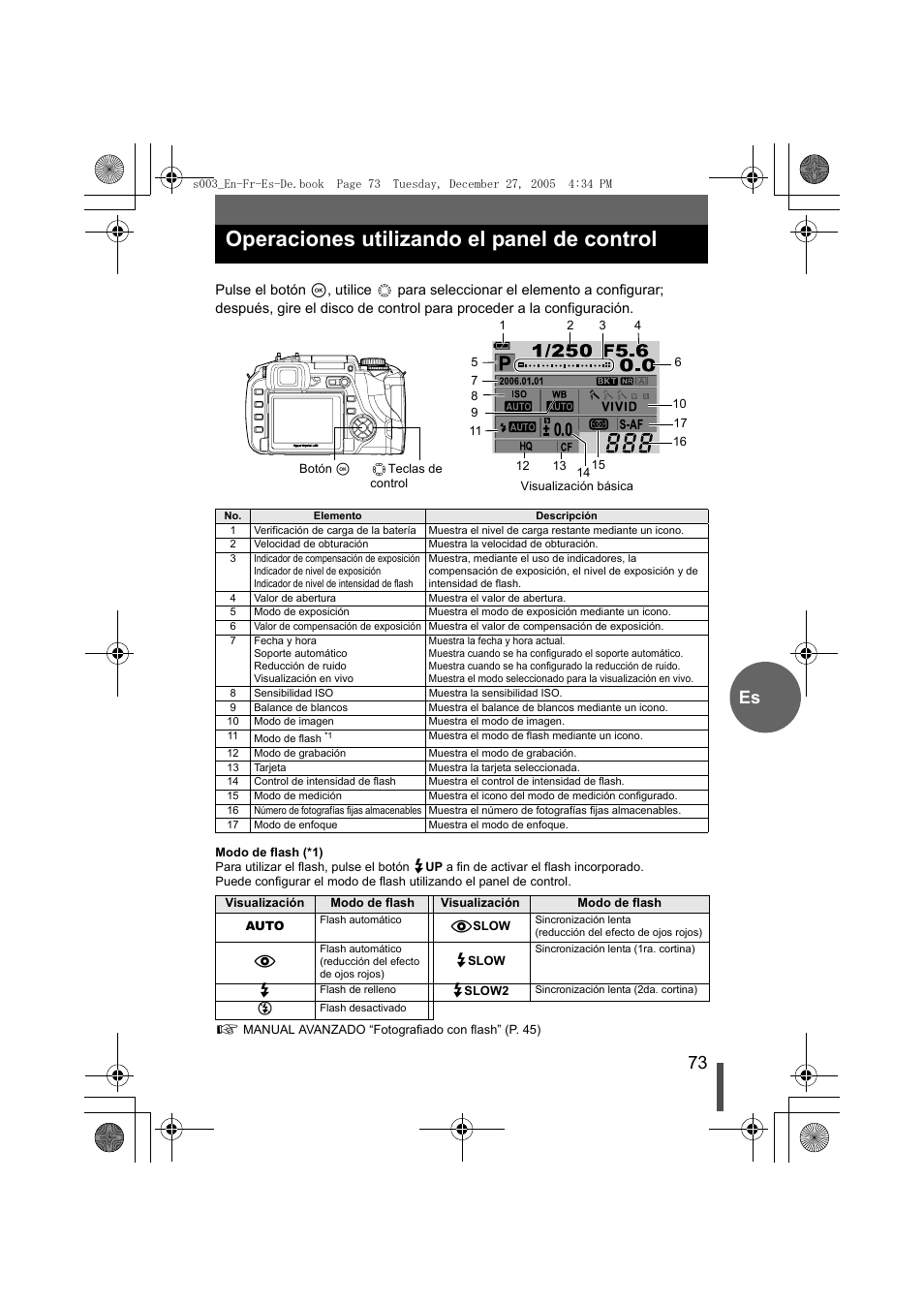 Operaciones utilizando el panel de control, 73 es | Olympus EVOLT E-330 User Manual | Page 73 / 116
